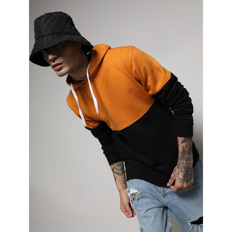 Campus Sutra Men's Black & Mustard Yellow Pullover Hoodie With Ribbed Hem (S)