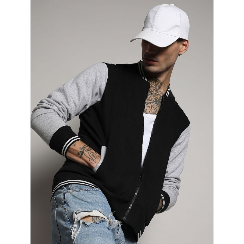 Campus Sutra Men's Black & Grey Zip-Front Jacket With Open-Angled Pocket (XL)