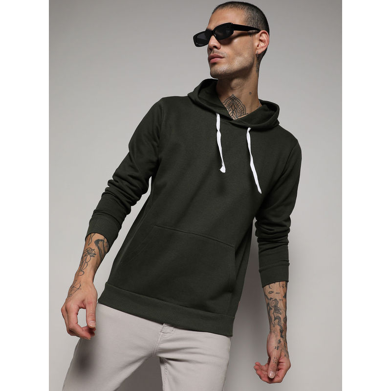 Campus Sutra Men's Forest Green Pullover Hoodie With Contrast Drawstring (S)