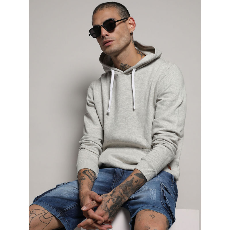 Campus Sutra Men's Light Grey Pullover Hoodie With Contrast Drawstring (L)