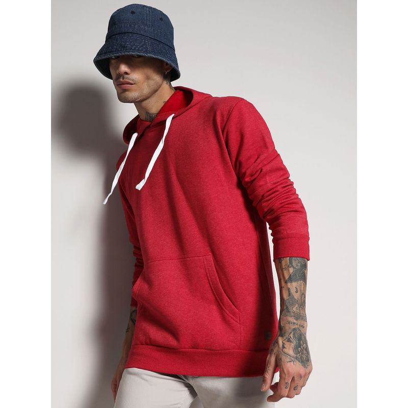 Campus Sutra Men's Red Pullover Hoodie With Contrast Drawstring (M)