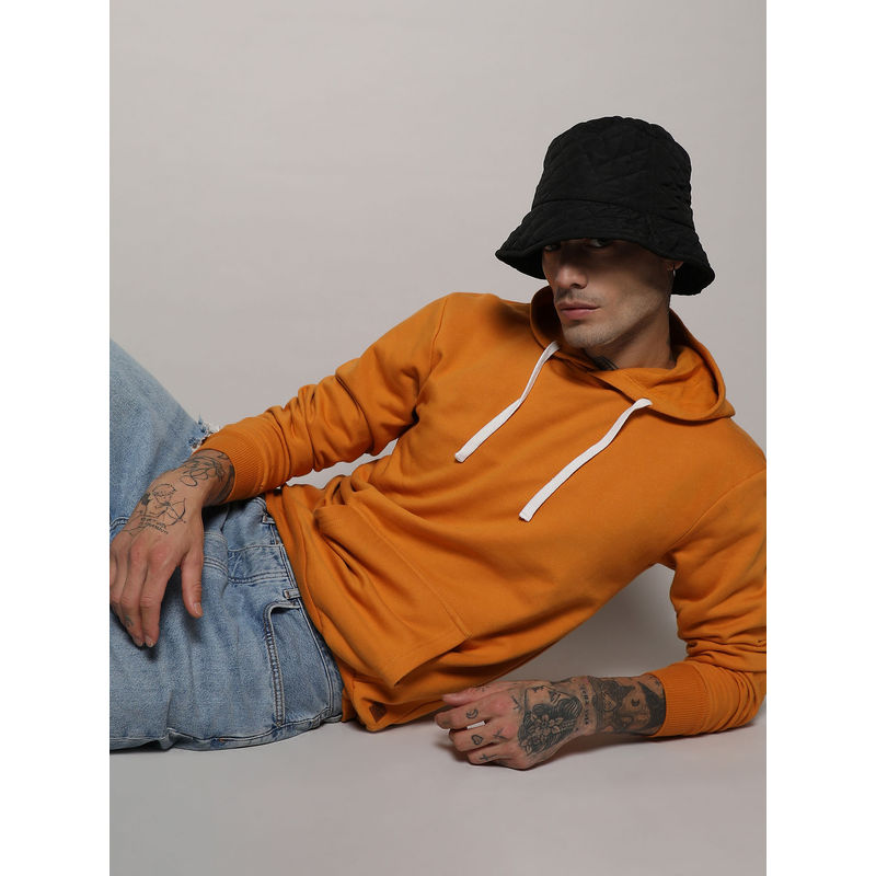 Campus Sutra Men's Mustard Yellow Pullover Hoodie With Contrast Drawstring (S)