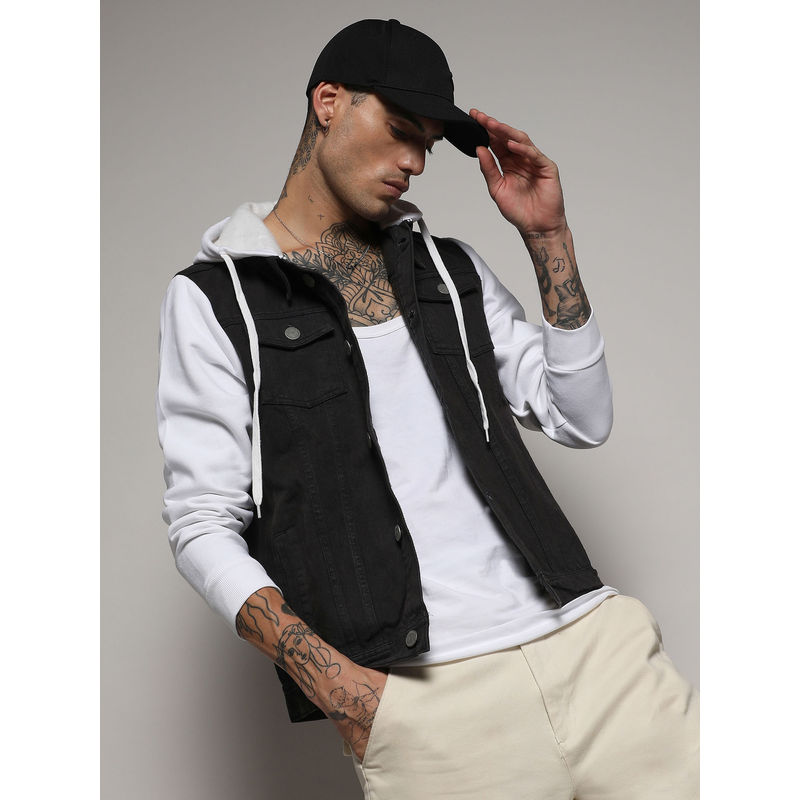 Campus Sutra Men's White & Charcoal Grey Medium-Wash Denim Jacket (XL)