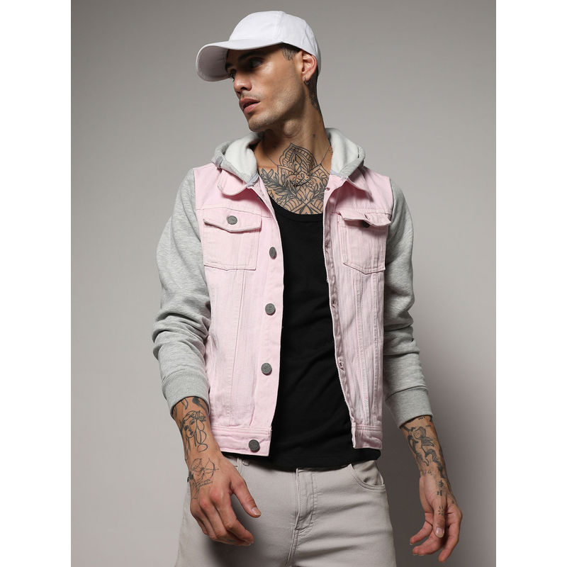 Campus Sutra Men's Pink & Grey Medium-Wash Denim Jacket With Sweatshirt Sleeve (XL)