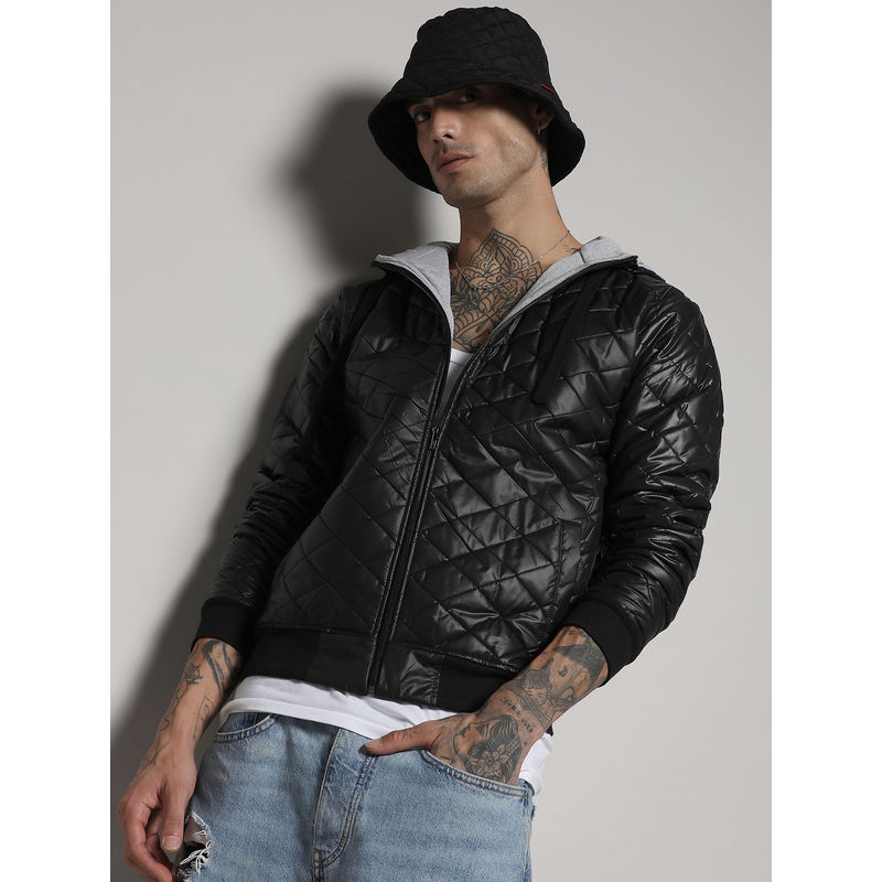 Campus Sutra Men's Black Quilted Puffer Jacket With Zip-Closure (L)