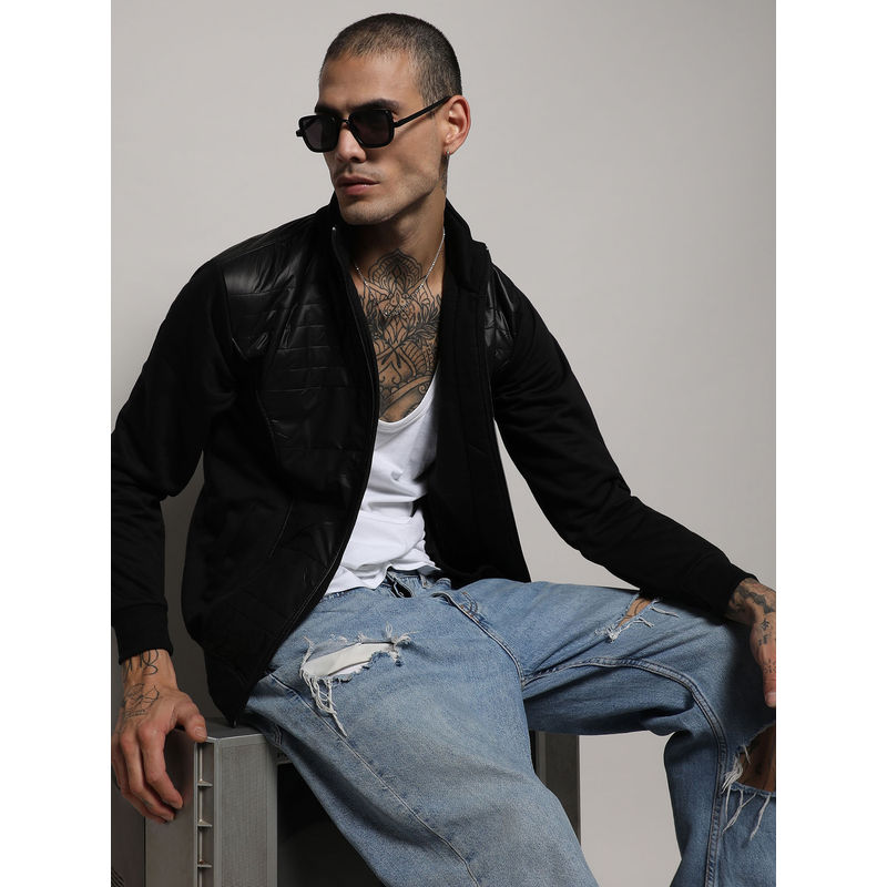 Campus Sutra Men's Black Zip-Front Jacket With Quilted Detail (M)