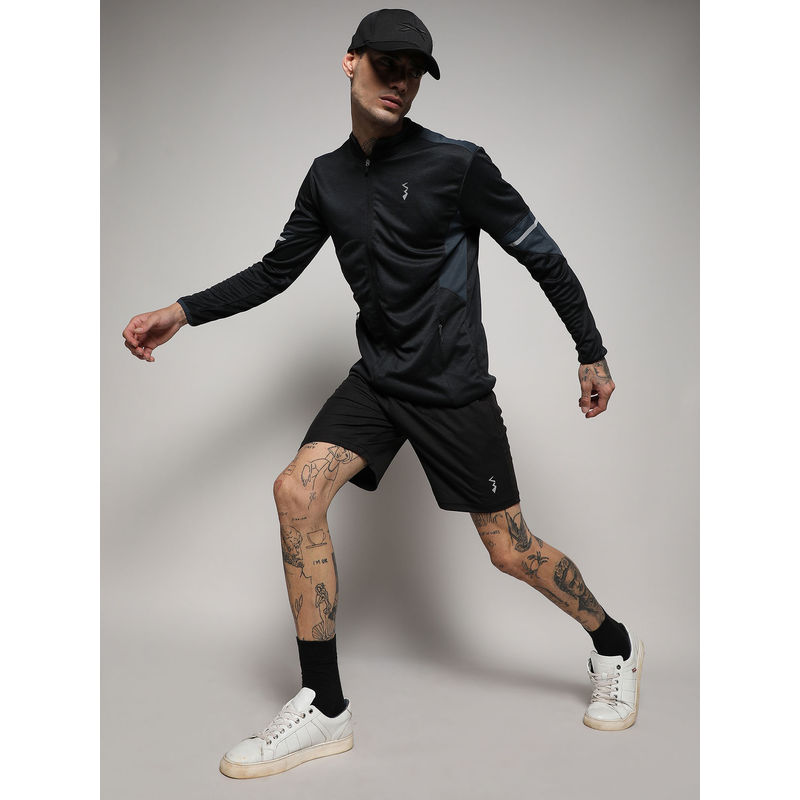 Campus Sutra Men's Black Heathered Activewear Jacket With Contrast Detail (XL)