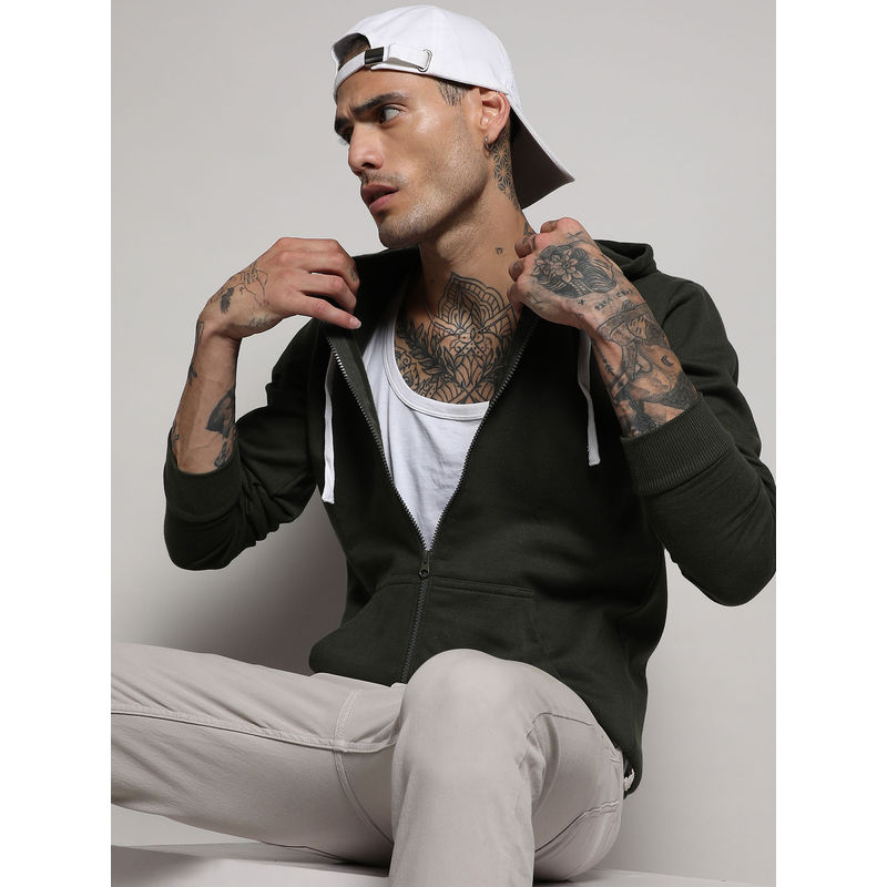 Campus Sutra Men's Forest Green Zip-Front Hoodie With Contrast Drawstring (M)