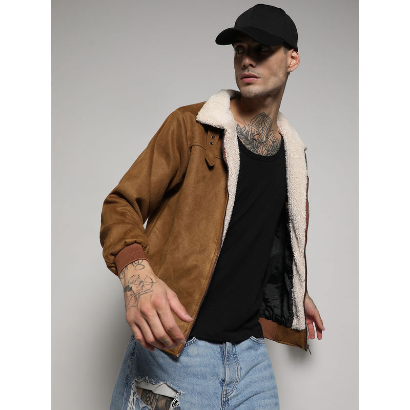 Campus Sutra Men's Brown Zip-Front Jacket With Fleece Detail (XL)