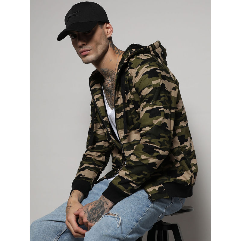 Campus Sutra Men's Forest Green Camouflage Hoodie With Insert Pocket (S)