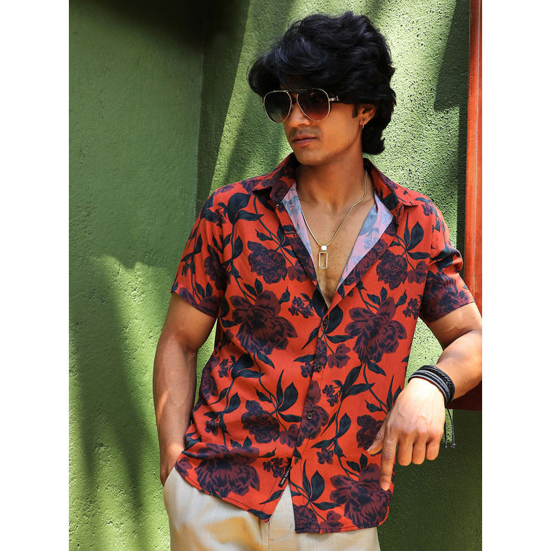 Campus Sutra Men's EcoLiva Burnt Orange Floral Bloom Shirt (S)