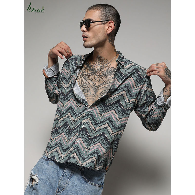 Campus Sutra Men's EcoLiva Olive Green Abstract Zig Zag Shirt (M)