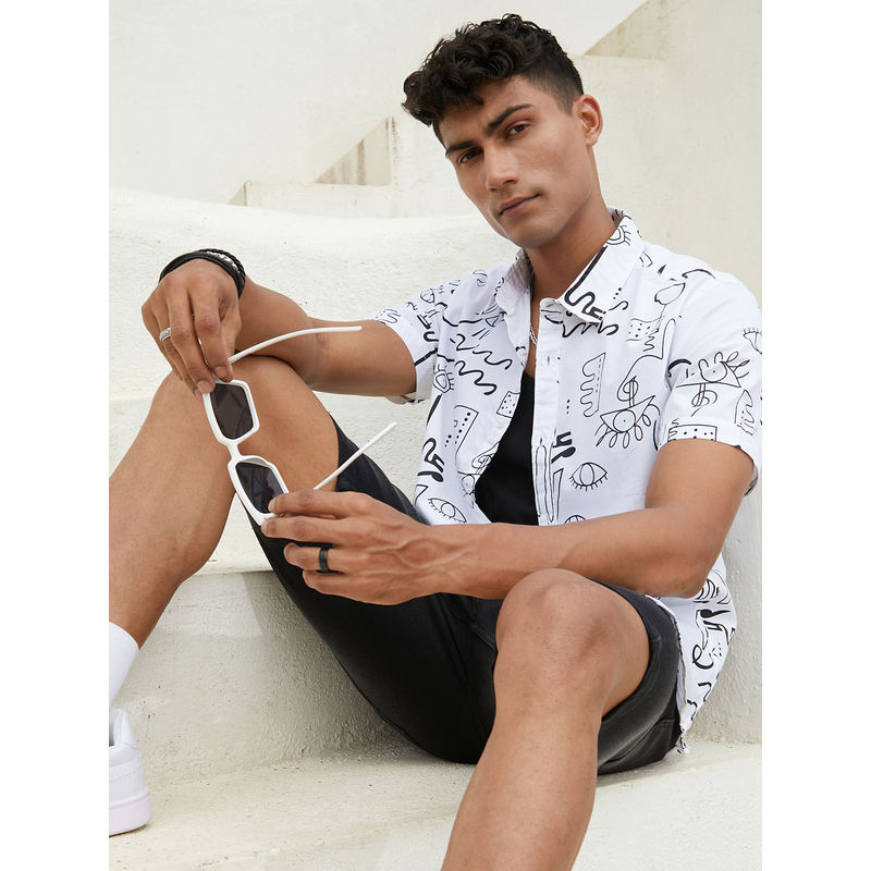 Campus Sutra Men's Black & Grey Geometric Aztec Print Shirt (XL)