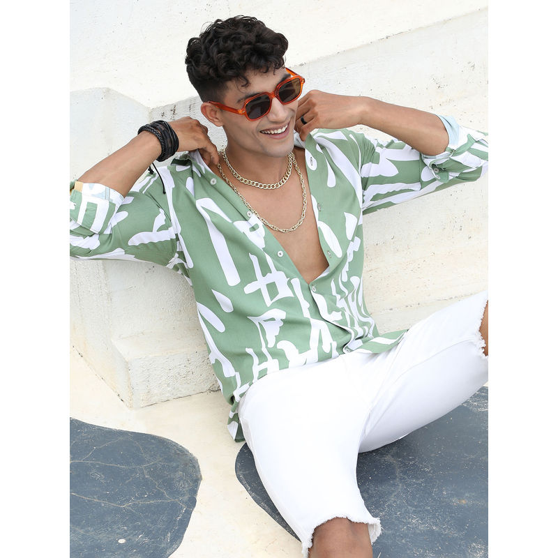 Campus Sutra Men's Sage Green Abstract Print Shirt (XL)