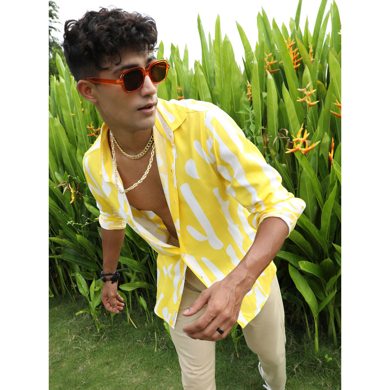 Campus Sutra Men's Lemon Yellow Abstract Print Shirt (M)