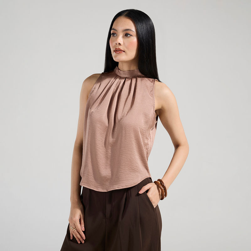 Twenty Dresses by Nykaa Fashion Brown High Neck Sleeveless Gathered Top (2XL)