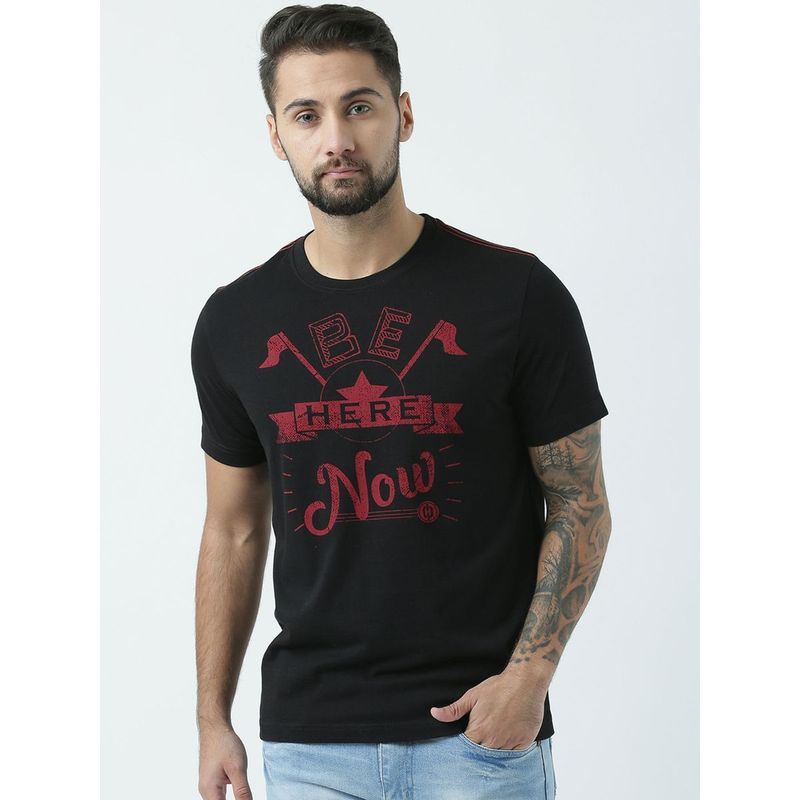 Huetrap Mens Printed Round Neck Black T-Shirt (S)