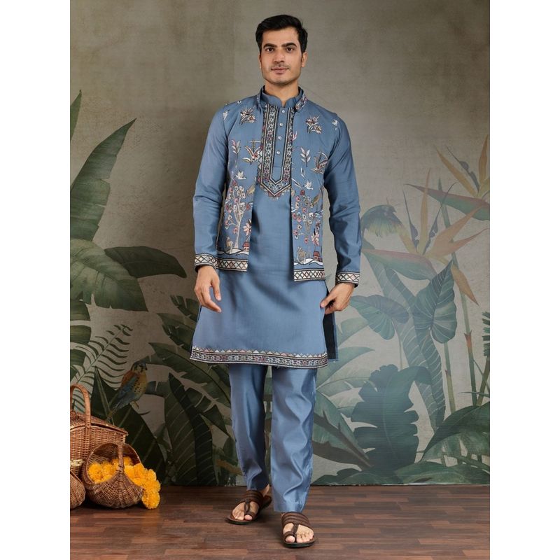 Odette Blue Viscose Silk Embroidered Stitched Kurta with Pant and Jacket for Men (Set of 3) (M)