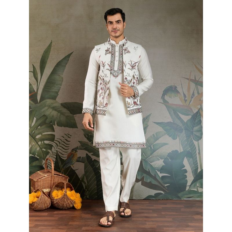 Odette White Viscose Silk Embroidered Stitched Kurta with Pant and Jacket for Men (Set of 3) (M)