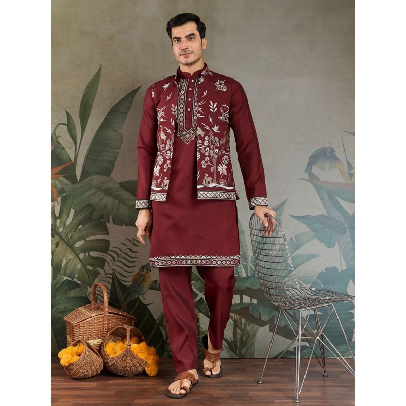 Odette Maroon Viscose Silk Embroidered Stitched Kurta with Pant and Jacket for Men (Set of 3) (M)