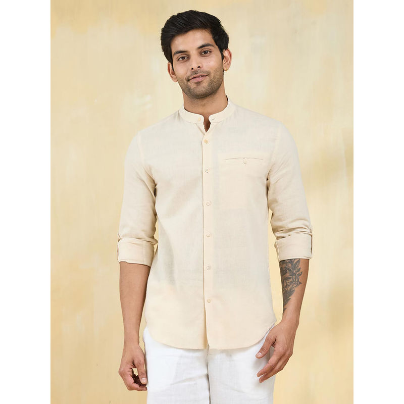 Fabindia Cream Cotton Hand Woven Slim Fit Shirt (S)