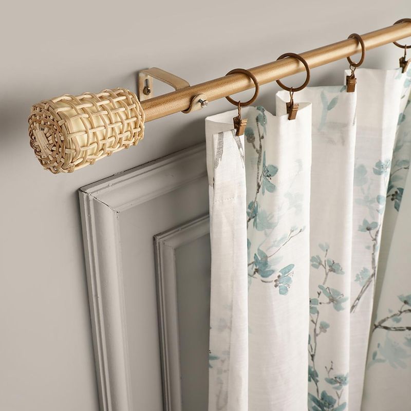 The Decor Mart Extendable Single Curtain Rod White Distressed Cane Wrap Finial Hardware (48-88 Inch)