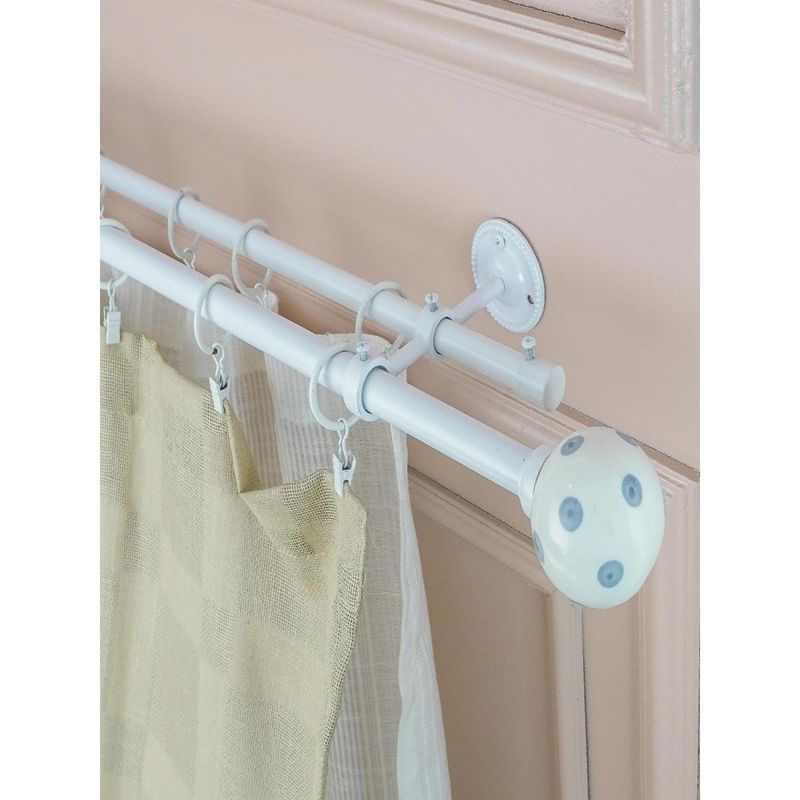 The Decor Mart 48"-88" Grey Polka Ceramic Finial Extendable Double Curtain Rod White 19Mm (Hardware Inc.)