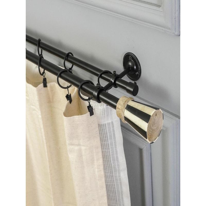 The Decor Mart 48"-88" Bw Striped Wood Finial Extendable Double Curtain Rod Black 19Mm (Hardware Included)