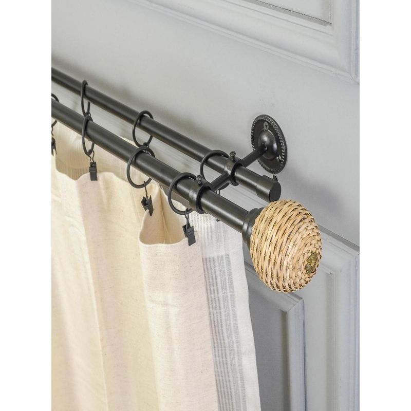 The Decor Mart 48"-88" Wicker Weave Finial Extendable Double Curtain Rod Black 19Mm (Hardware Included)