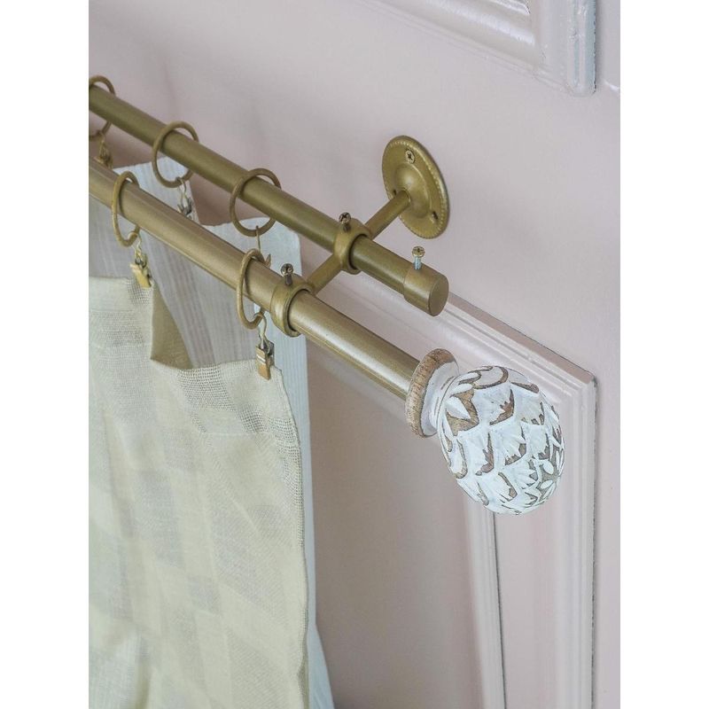 The Decor Mart 48"-88" Distressed White Carved Wood Finial Extendable Double Curtain Rod Gold 19Mm