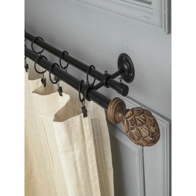 The Decor Mart 48"-88" Carved Mughal Wood Finial Extendable Double Curtain Rod Black 19Mm (Hardware Inc.)