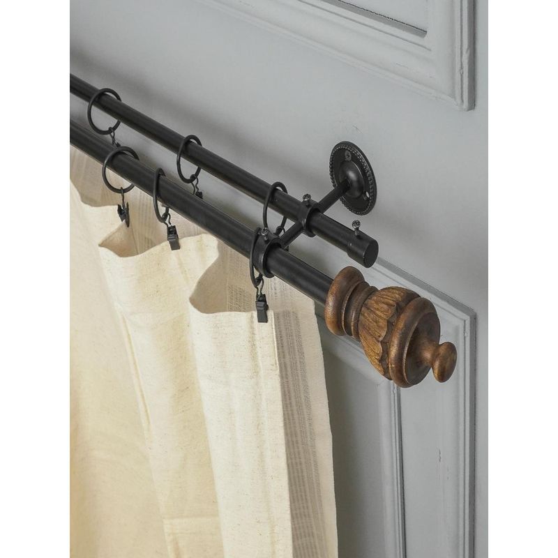 The Decor Mart 48"-88" Carved Brown Wood Finial Extendable Double Curtain Rod Black 19Mm (Hardware Inc.)