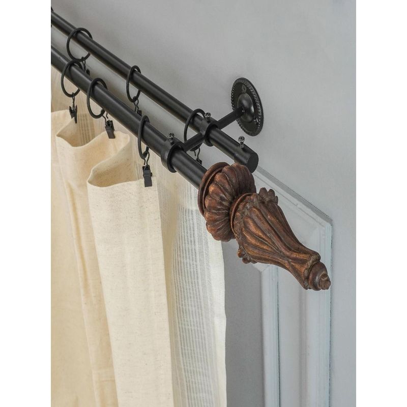 The Decor Mart 48"-88" Regalia Wooden Finial Extendable Double Curtain Rod Black 19Mm (Hardware Included)