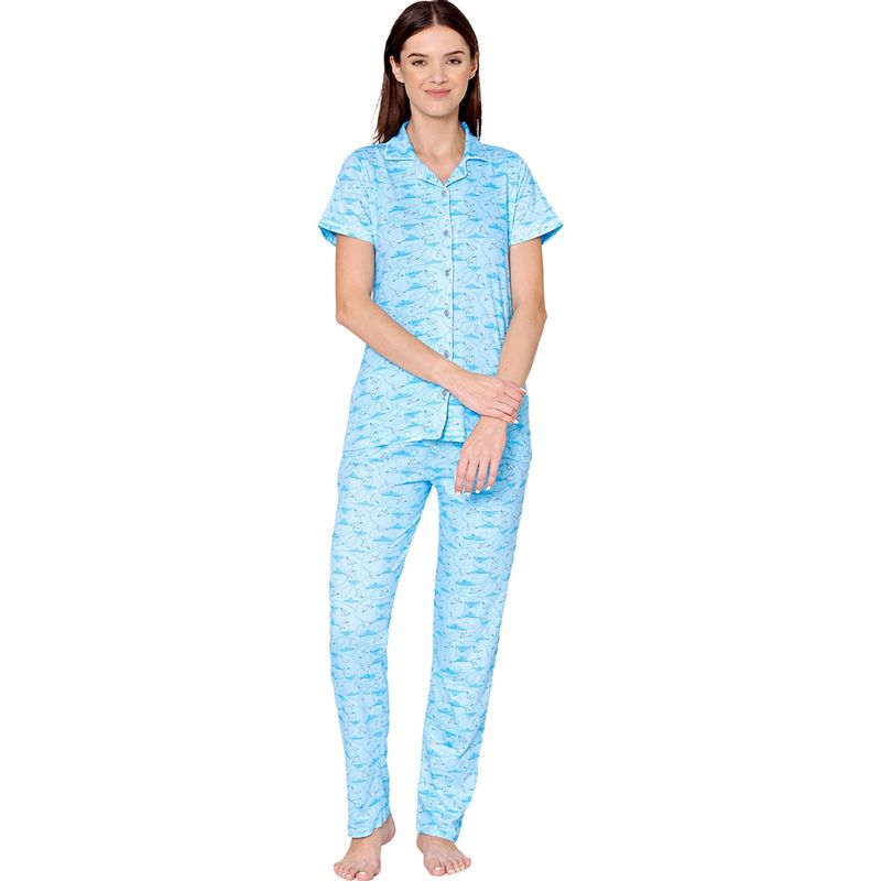 Bodycare Womens Cotton Printed Night Suit of Shirt & Pyjama -BSNS18002 Blue (Set of 2) (M)