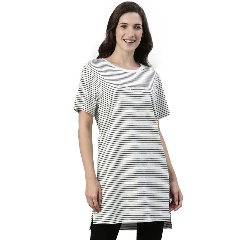 Enamor Essentials Womens Ea61-Crew Neck Striped Tunic Tee With Side Slit - Multi-Color (L)