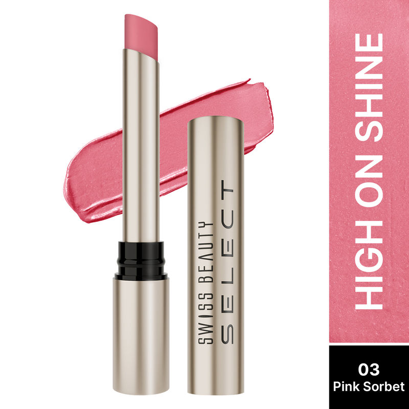 Swiss Beauty Select High On Shine Creamy Lipstick, Mirror-Shine Finish, Vitamin E-3 Pink Sorbet