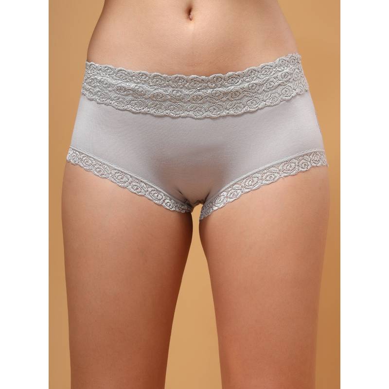 BRACHY Women Grey Cotton Lace High Waist Full Coverage Hipster Panty (M)