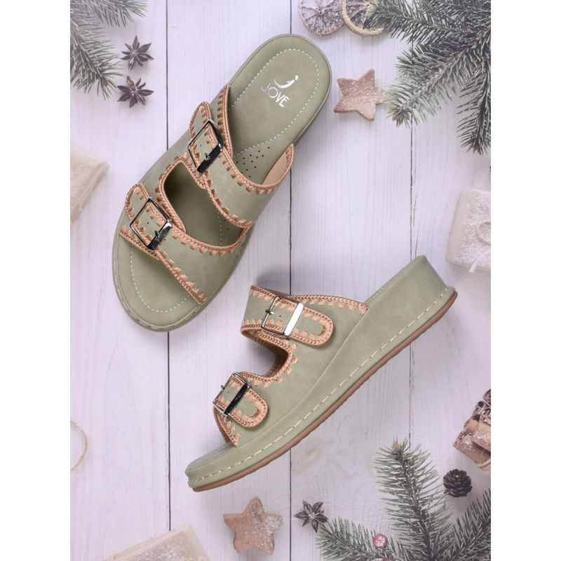 Jove Women Olive Solid Embroidered Sandals (EURO 37)