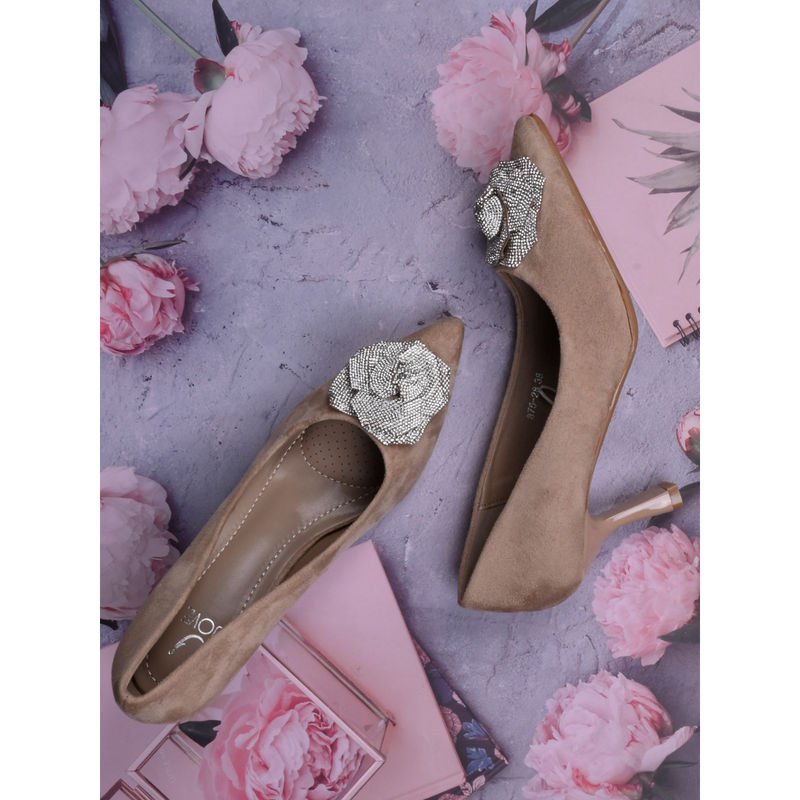 Jove Women Taupe Solid Embellished Pumps (EURO 36)