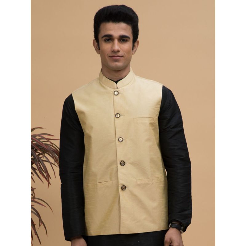 NEUDIS Men Golden Solid Silk Blend Nehru Jacket (36)