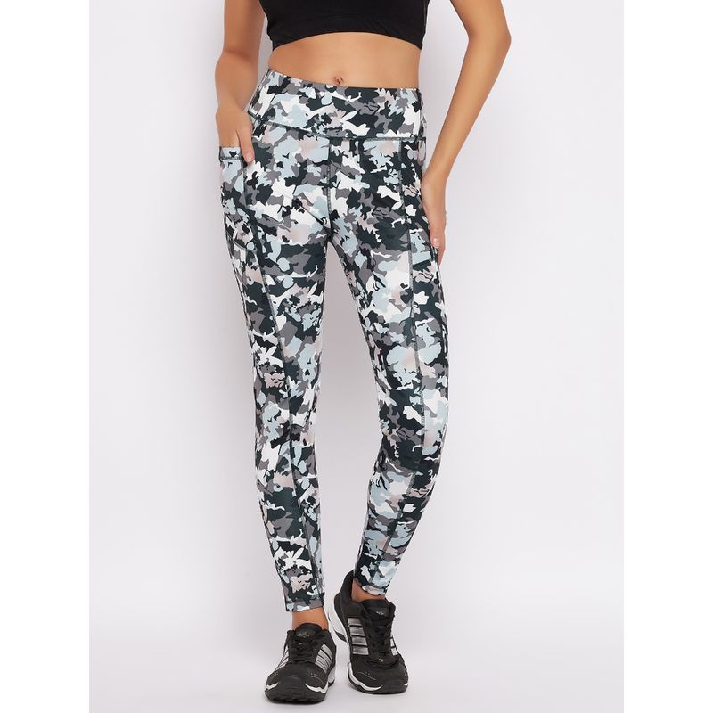 Clovia Snug-Fit High Rise Camouflage PrInt Active Tights In Grey (2XL)