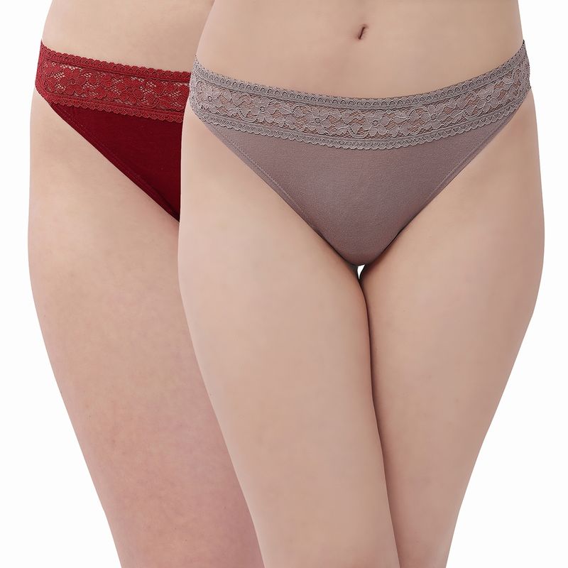 SOIE Mid Rise Super Soft Micro Modal Lace Detailed Thongs (Pack of 2)-Multi-Color (S)