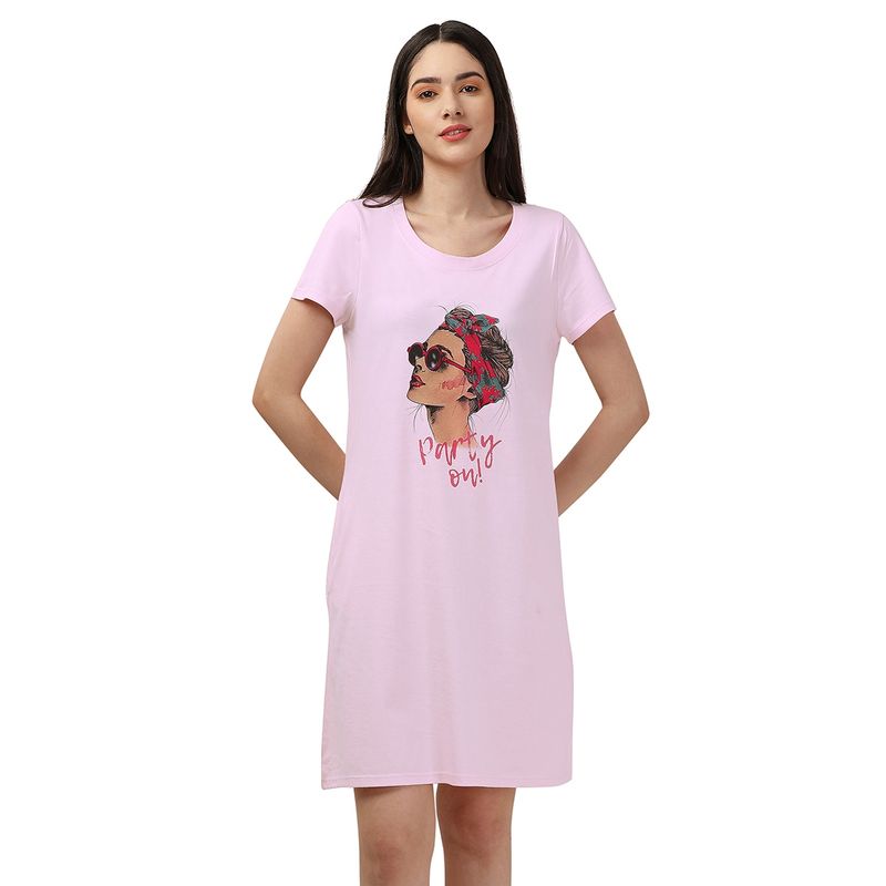 SOIE Super Soft Half Sleeve Cotton Modal Knee Length Nightdress - Pink (M)(M)