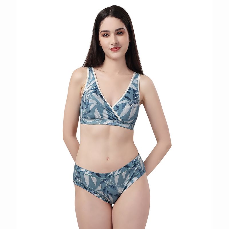 SOIE Non Padded Non Wired Lounge Bra with Seamless Full Coverage Brief - Blue (Set of 2) (S)