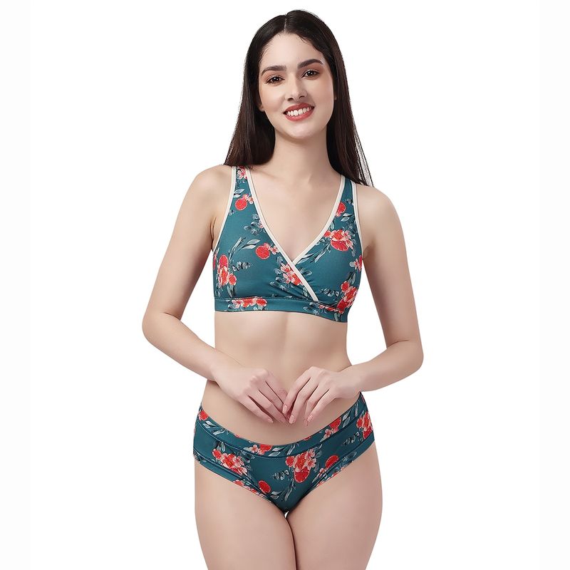 SOIE Non Padded Non Wired Lounge Bra with Seamless Full Coverage Brief - Blue (Set of 2) (M)