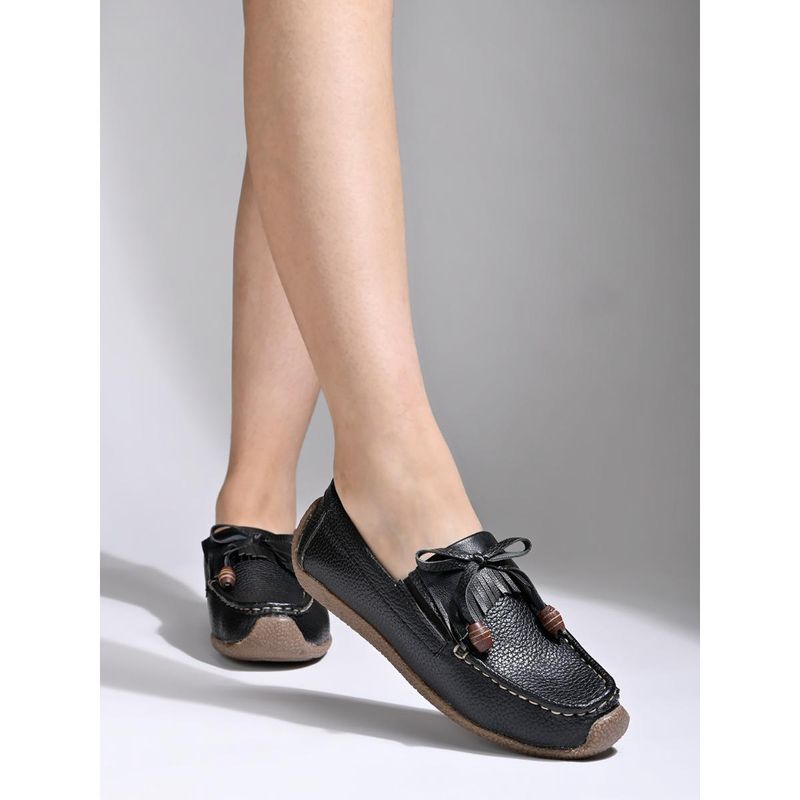 Shoetopia Upper Tassel Detailing Black Loafers for Women (EURO 39)