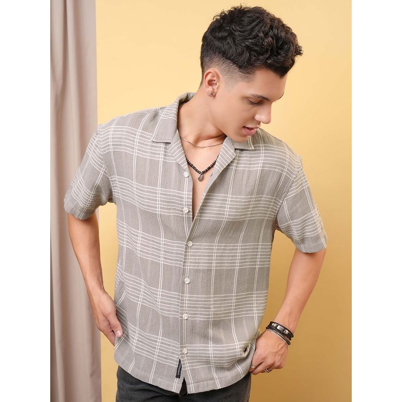 LOCOMOTIVE Men Beige Checked Cuban Collar Oversized Shirt (L)