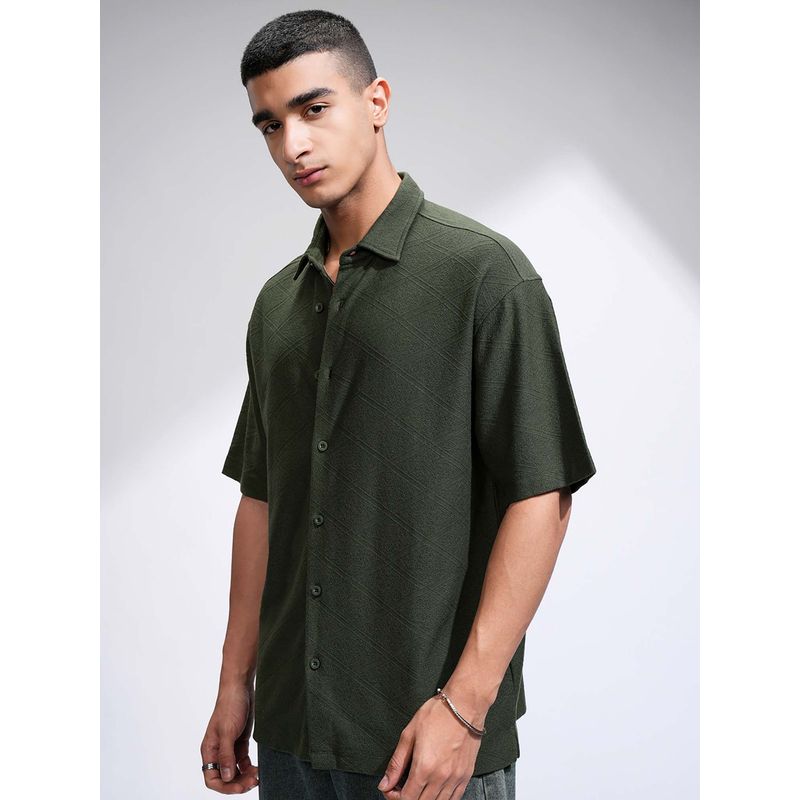 LOCOMOTIVE Men Olive Textured Drop Shoulder Oversized Shirt (M)