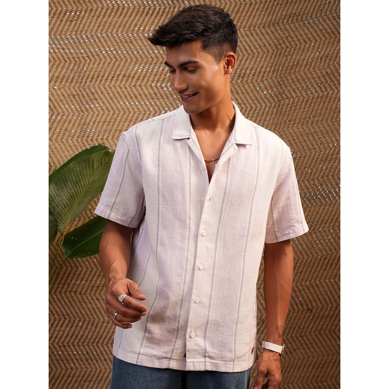 LOCOMOTIVE Men Pink Cuban Collar Relaxed Fit Shirt (L)