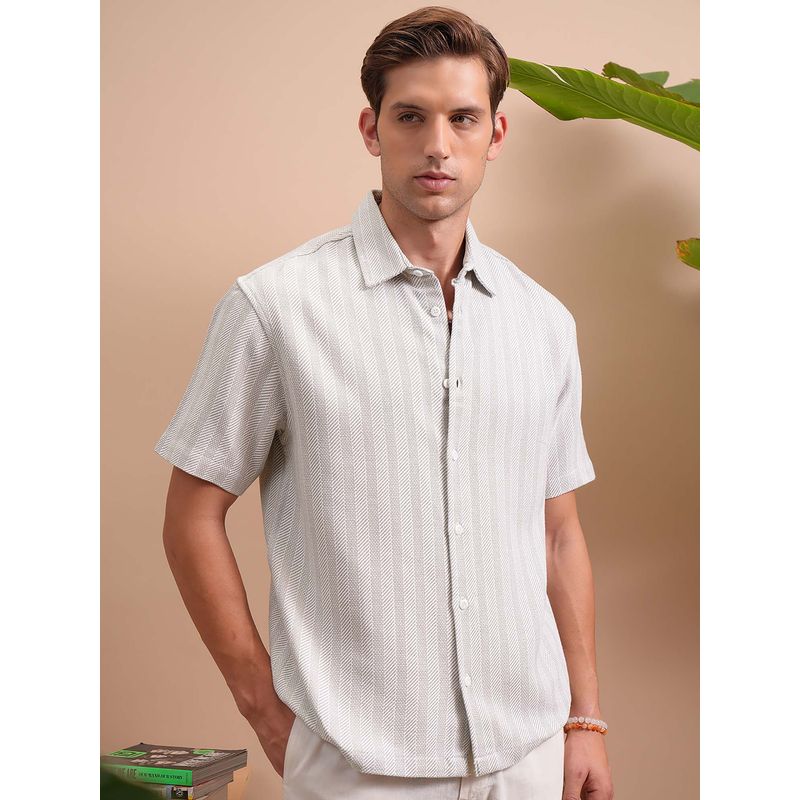 LOCOMOTIVE Grey Striped Cotton Relaxed Fit Shirt (L)